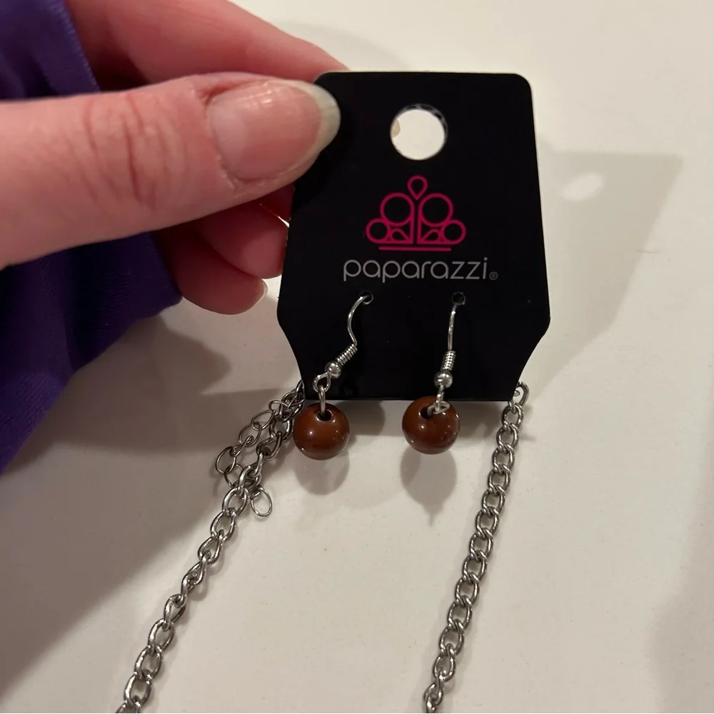 NWT Paparazzi Silver and Brown Necklace and Earrings Set